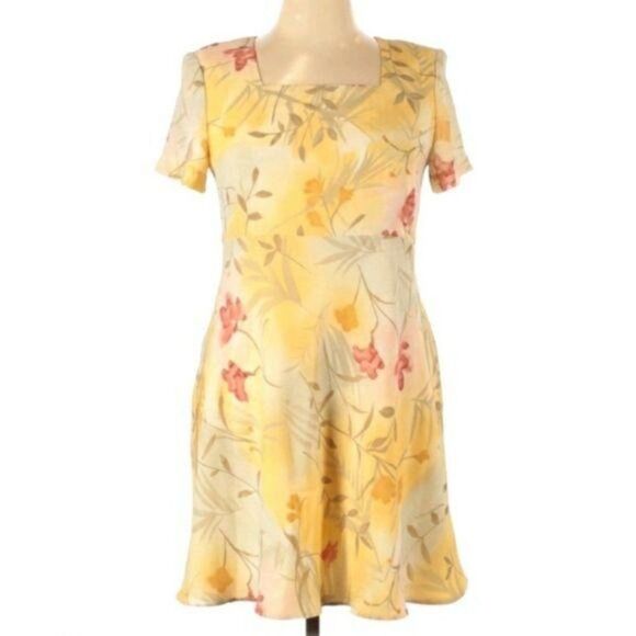 Vtg Donna Ricco Dress Modest Yellow Botanical Floral Short Sleeve Tea Length 14P - Picture 2 of 10